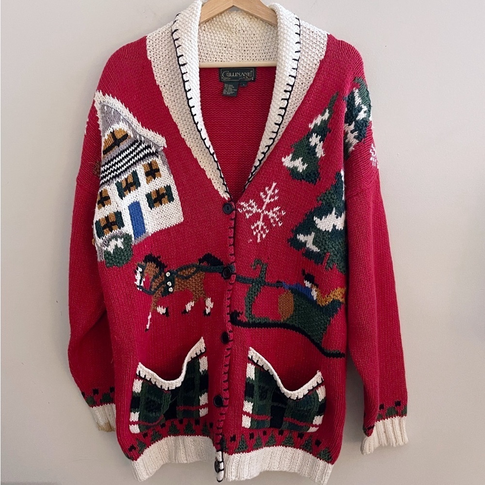Vintage 90s Cullinane Red Christmas Cottagecore Cardigan Novelty School